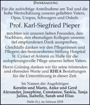 Traueranzeige von Karl-Siegfried Pieper von Mitteldeutsche Zeitung Halle/Saalkreis