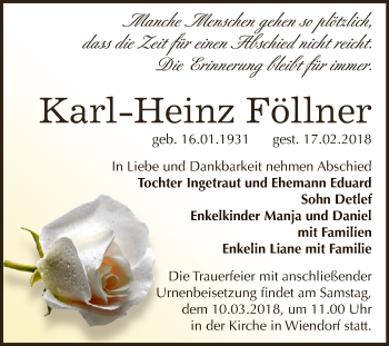 Traueranzeige von Karl Heinz Föllner von Super Sonntag Bernburg