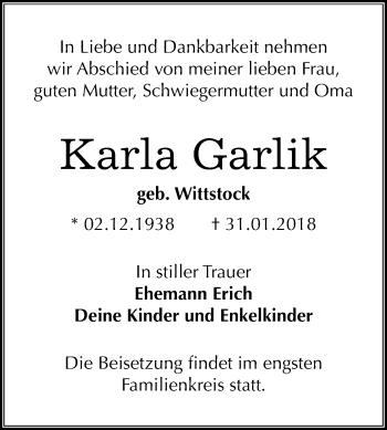 Traueranzeige von Karla Garlik von Mitteldeutsche Zeitung Halle/Saalkreis