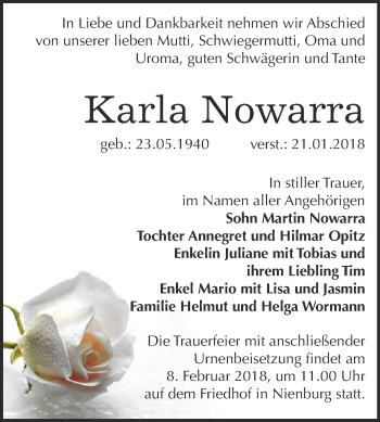 Traueranzeige von Karla Nowarra von Super Sonntag Bernburg