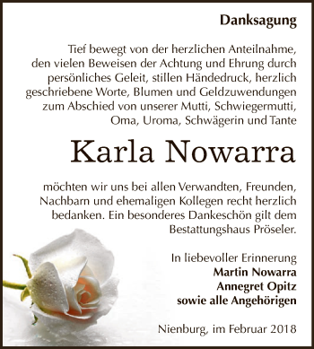 Traueranzeige von Karla Nowarra von Super Sonntag Bernburg