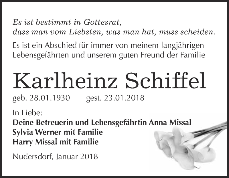  Traueranzeige für Karlheinz Schiffel vom 03.02.2018 aus Super Sonntag Wittenberg