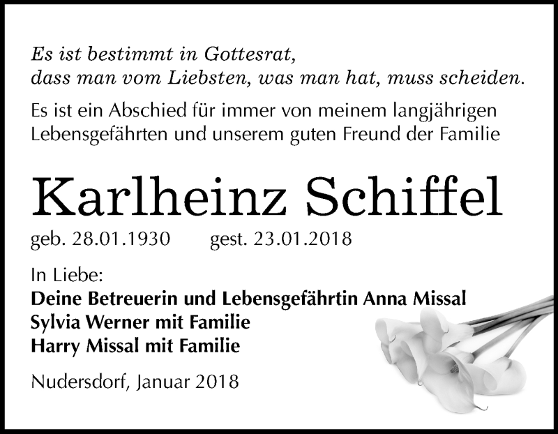  Traueranzeige für Karlheinz Schiffel vom 03.02.2018 aus Mitteldeutsche Zeitung