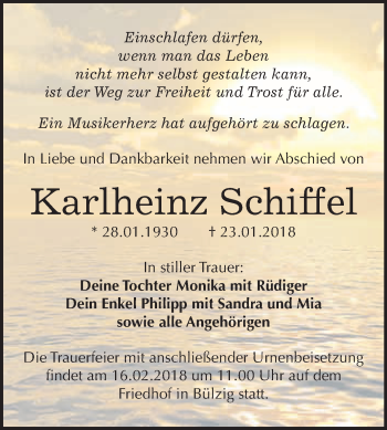 Traueranzeige von Karlheinz Schiffel von WVG - Wochenspiegel Wittenberg
