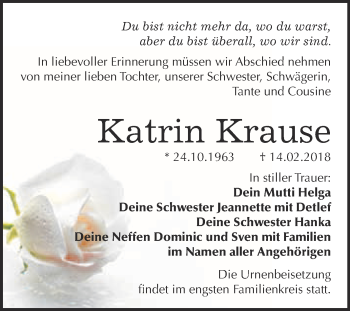 Traueranzeige von Katrin Krause von WVG - Wochenspiegel Halle