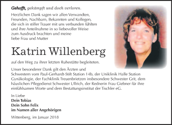 Traueranzeige von Katrin Willenberg von WVG - Wochenspiegel Wittenberg
