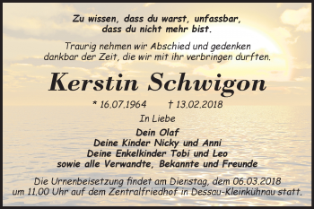 Traueranzeige von Kerstin Schwigon von Mitteldeutsche Zeitung
