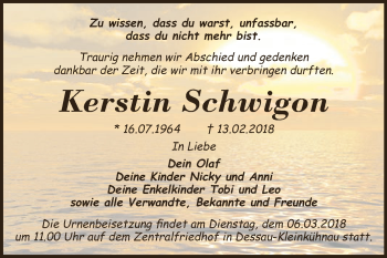 Traueranzeige von Kerstin Schwigon von WVG - Wochenspiegel Dessau / Köthen