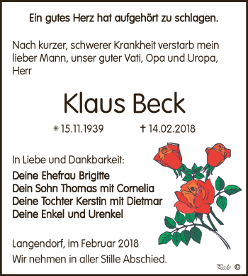 Traueranzeige von Klaus Beck von WVG - Wochenspiegel NMB / WSF / ZTZ