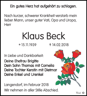 Traueranzeige von Klaus Beck von Mitteldeutsche Zeitung Weißenfels