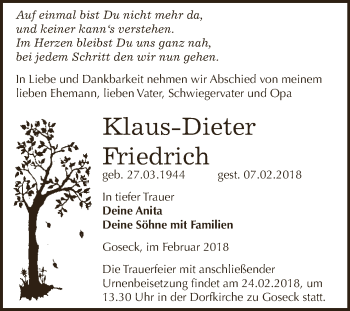 Traueranzeige von Klaus-Dieter Friedrich von WVG - Wochenspiegel NMB / WSF / ZTZ