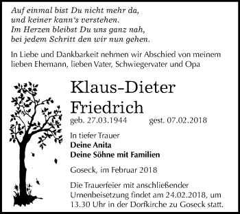 Traueranzeige von Klaus-Dieter Friedrich von Mitteldeutsche Zeitung Weißenfels