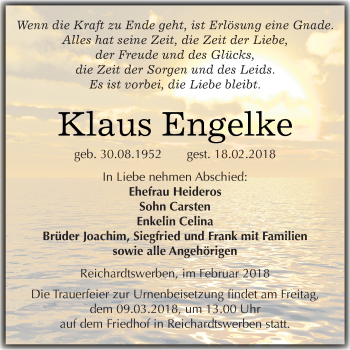 Traueranzeige von Klaus Engelke von WVG - Wochenspiegel Merseburg
