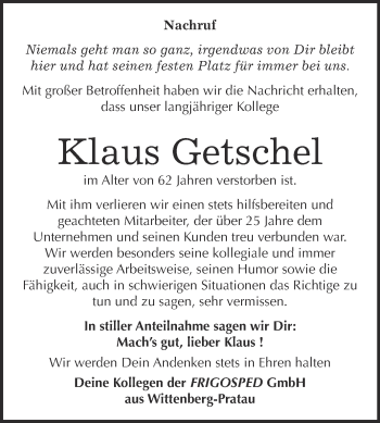 Traueranzeige von Klaus Getschel von WVG - Wochenspiegel Wittenberg