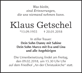 Traueranzeige von Klaus Getschel von WVG - Wochenspiegel Wittenberg