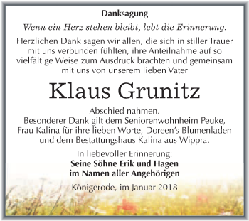 Traueranzeige von Klaus Grunitz von WVG - Wochenspiegel Quedlinburg