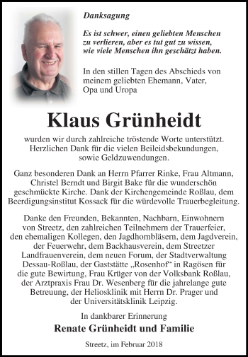 Traueranzeige von Klaus Grünheidt von Mitteldeutsche Zeitung Dessau-Roßlau