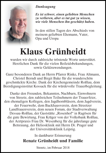 Traueranzeige von Klaus Grünheidt von WVG - Wochenspiegel Dessau / Köthen