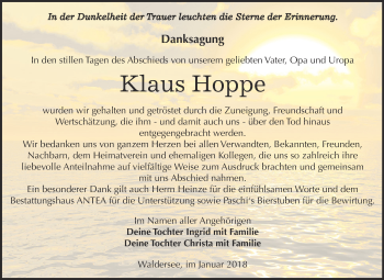 Traueranzeige von Klaus Hoppe von WVG - Wochenspiegel Dessau / Köthen