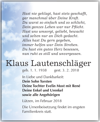 Traueranzeige von Klaus Lautenschläger von Super Sonntag Merseburg