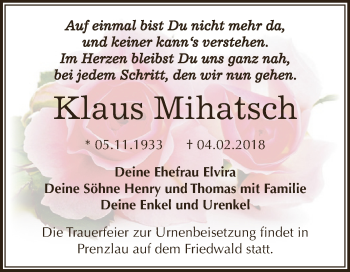 Traueranzeige von Klaus Mihatsch von WVG - Wochenspiegel NMB / WSF / ZTZ