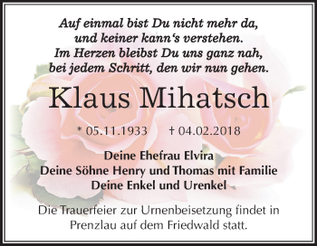 Traueranzeige von Klaus Mihatsch von Mitteldeutsche Zeitung Weißenfels