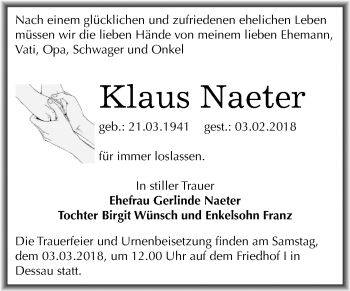 Traueranzeige von Klaus Naeter von Mitteldeutsche Zeitung Dessau-Roßlau