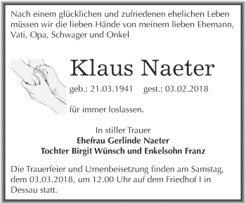 Traueranzeige von Klaus Naeter von WVG - Wochenspiegel Dessau / Köthen