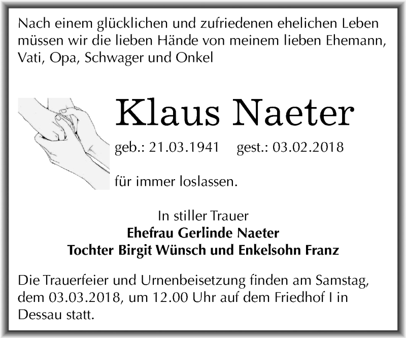  Traueranzeige für Klaus Naeter vom 17.02.2018 aus Mitteldeutsche Zeitung Dessau-Roßlau