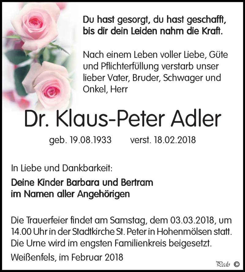  Traueranzeige für Klaus-Peter Adler vom 24.02.2018 aus Mitteldeutsche Zeitung Weißenfels