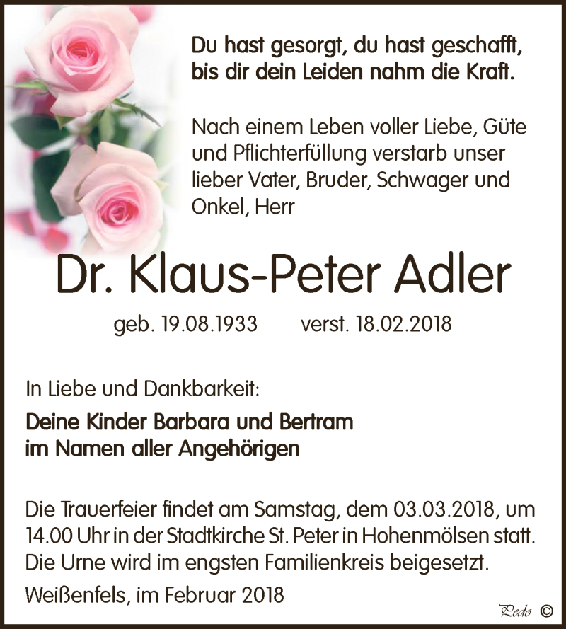  Traueranzeige für Klaus-Peter Adler vom 24.02.2018 aus WVG - Wochenspiegel NMB / WSF / ZTZ