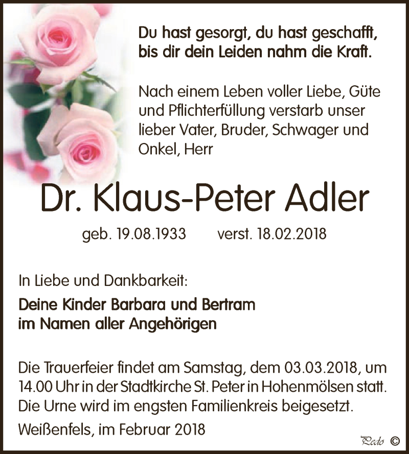  Traueranzeige für Klaus-Peter Adler vom 28.02.2018 aus WVG - Wochenspiegel NMB / WSF / ZTZ