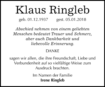 Traueranzeige von Klaus Ringleb von Mitteldeutsche Zeitung