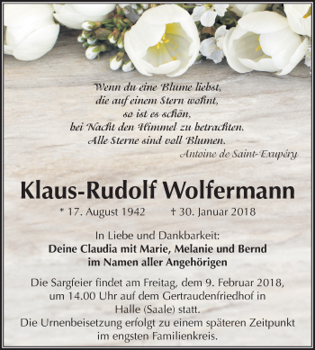 Traueranzeige von Klaus-Rudolf Wolfermann von Mitteldeutsche Zeitung Halle/Saalkreis