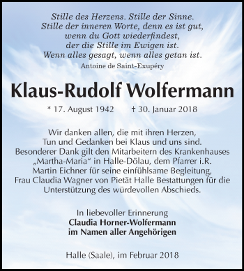 Traueranzeige von Klaus-Rudolf Wolfermann von Mitteldeutsche Zeitung Halle/Saalkreis
