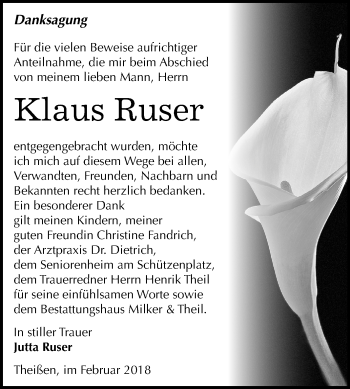 Traueranzeige von Klaus Ruser von Mitteldeutsche Zeitung Zeitz