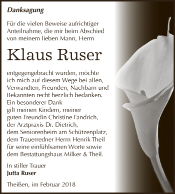 Traueranzeige von Klaus Ruser von Super Sonntag Zeitz
