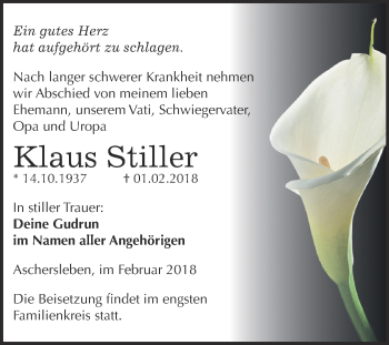 Traueranzeige von Klaus Stiller von Super Sonntag Aschersleben