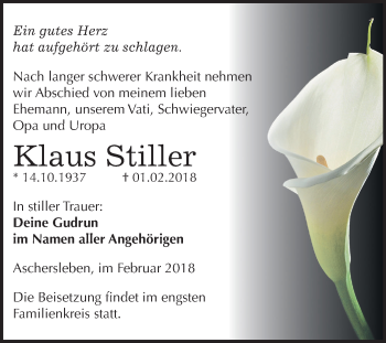 Traueranzeige von Klaus Stiller von Mitteldeutsche Zeitung Aschersleben