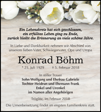 Traueranzeige von Konrad Böhm von Super Sonntag Zeitz