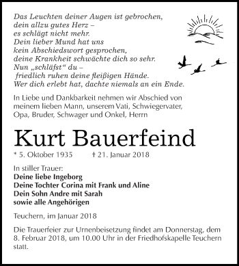Traueranzeige von Kurt Bauerfeind von WVG - Wochenspiegel NMB / WSF / ZTZ