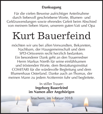 Traueranzeige von Kurt Bauerfeind von Mitteldeutsche Zeitung Weißenfels