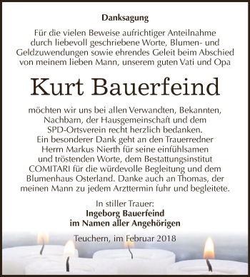 Traueranzeige von Kurt Bauerfeind von WVG - Wochenspiegel NMB / WSF / ZTZ