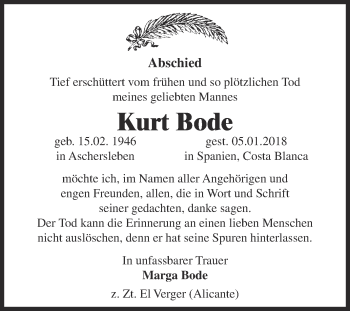 Traueranzeige von Kurt Bode von Super Sonntag Aschersleben