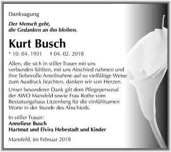 Traueranzeige von Kurt Busch von Mitteldeutsche Zeitung