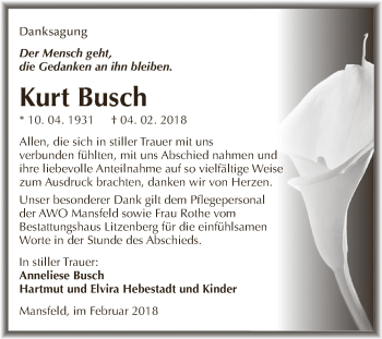 Traueranzeige von Kurt Busch von Super Sonntag SGH Mansf. Land