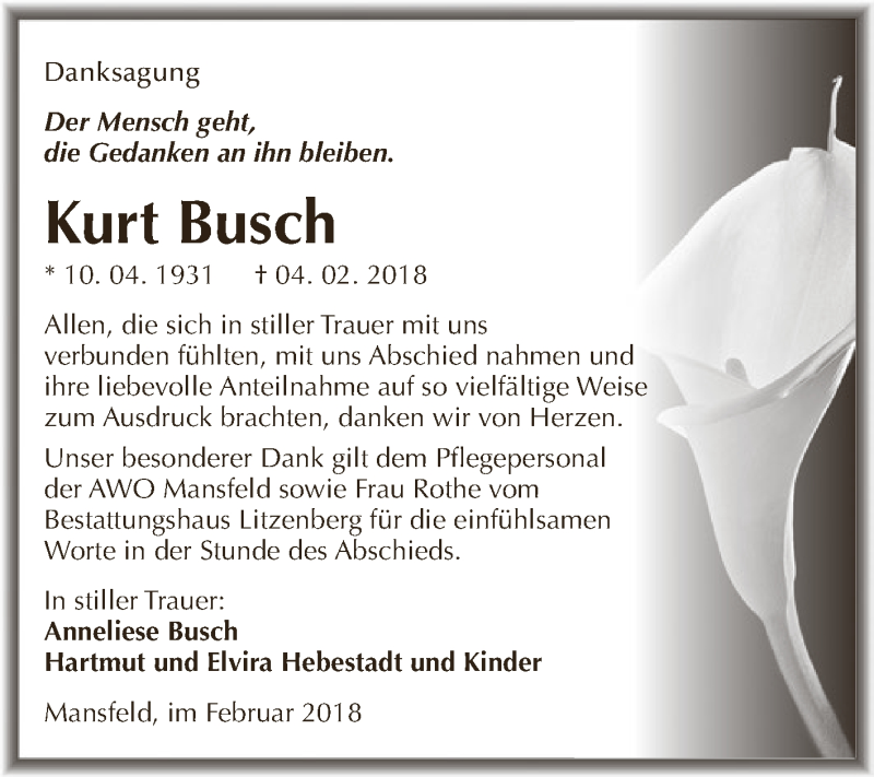  Traueranzeige für Kurt Busch vom 17.02.2018 aus Super Sonntag SGH Mansf. Land
