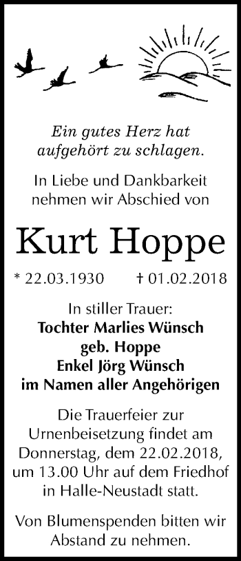 Traueranzeige von Kurt Hoppe von Mitteldeutsche Zeitung Halle/Saalkreis