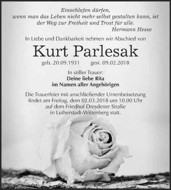 Traueranzeige von Kurt Parlesak von Super Sonntag Wittenberg