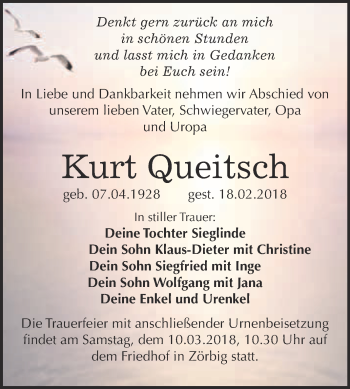 Traueranzeige von Kurt Queitsch von WVG - Wochenspiegel Bitterfeld